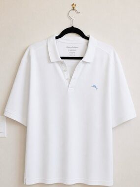 EUC Tommy Bahama Men's White Polo with Purple Dolphin Accent and Tropical Trim